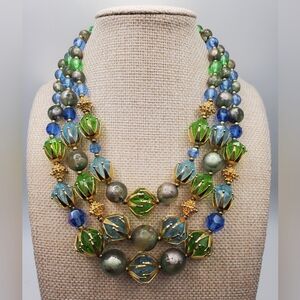 Vintage Deauville Necklace Green Blue Beaded Multi Strand